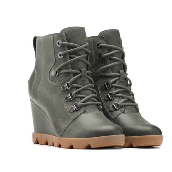 Sorel Joan Uptown Lace‎ Up Leather Wedge Bootie Round Toe Quarry Gum Size 10 - Picture 2 of 9